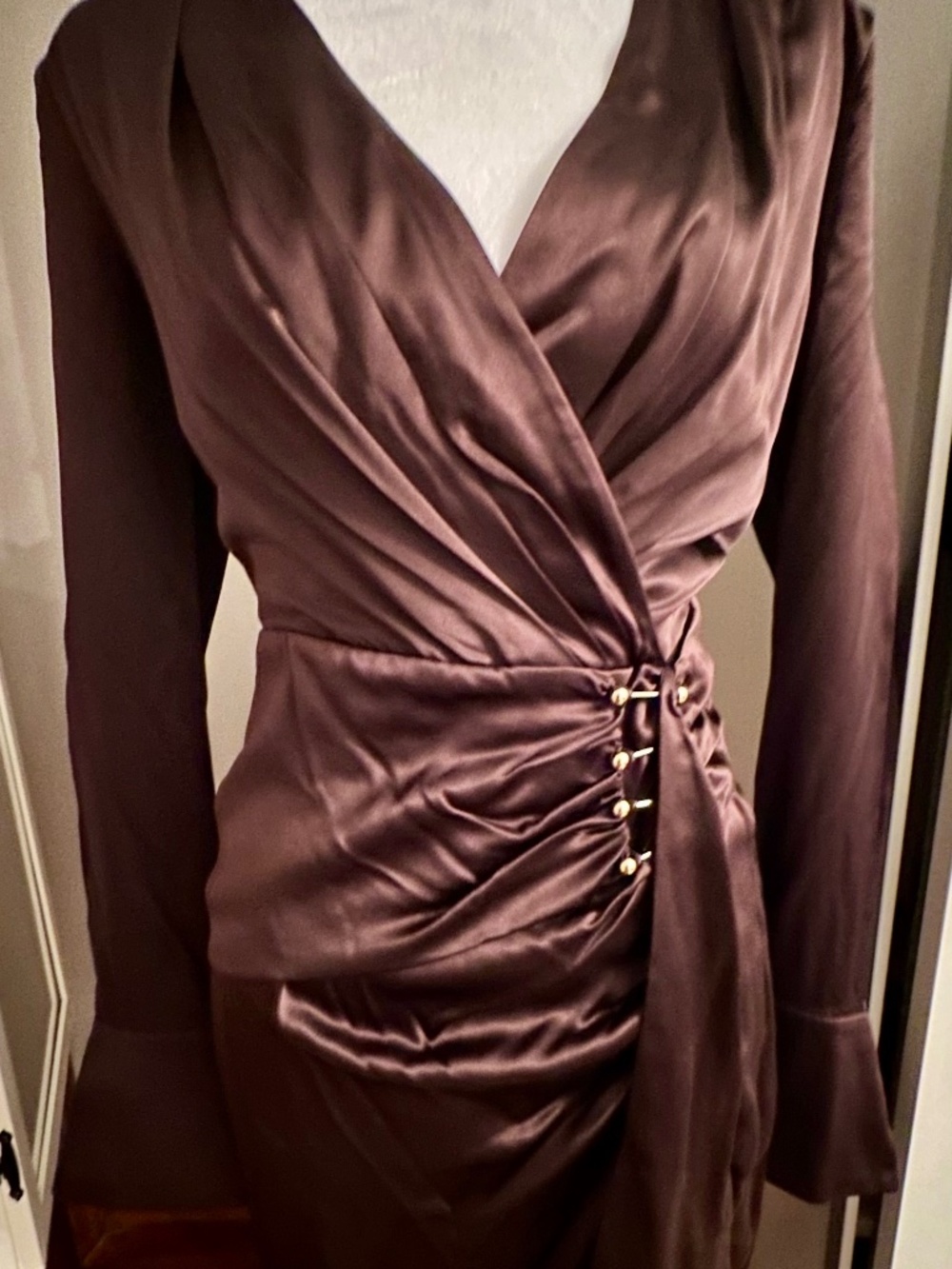 Nicholas brown satin silk midi dress with tie waist and button detail, size 6. B